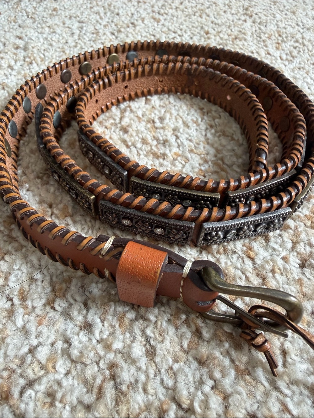 Chico's Brown Leather Belt with Antiqued Metal Panels